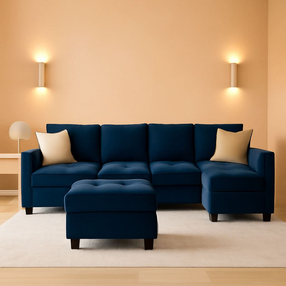 Velvet L Shaped Sofa Reversible Chaise Storage Ottoman Blue