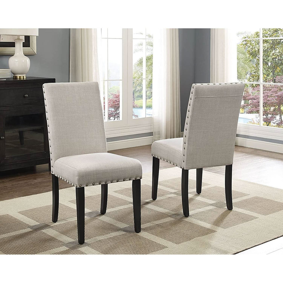 Tan Fabric Nailhead Dining Set 5 Piece Round Table