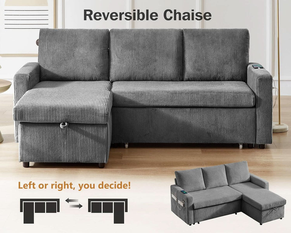 81 Inch Corduroy Velvet GreyTone Sleeper Sofa Pullout