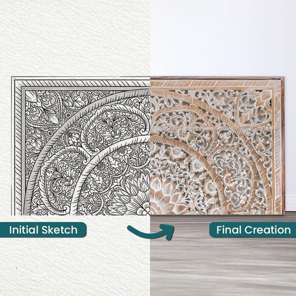 Handcrafted White-Wash Wooden Queen Headboard with Carved Design