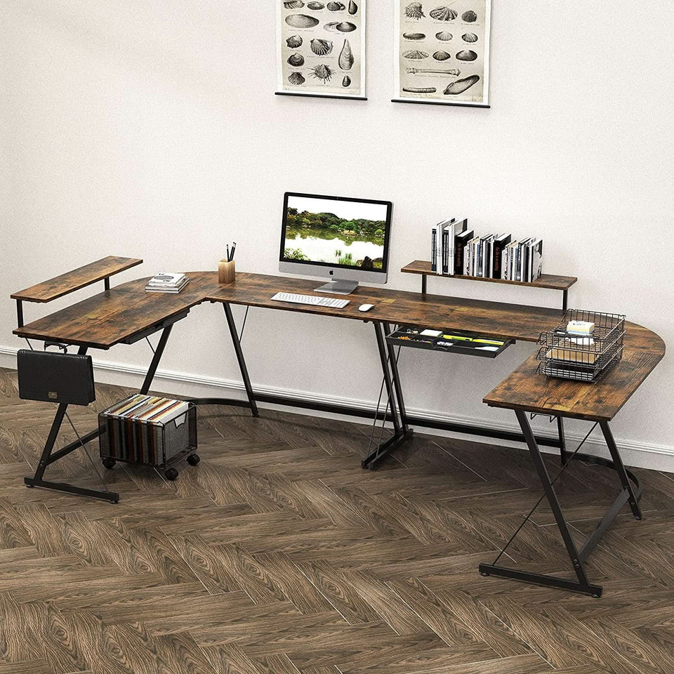 Vista Rustic Brown L Shaped Desk With Monitor Stand
