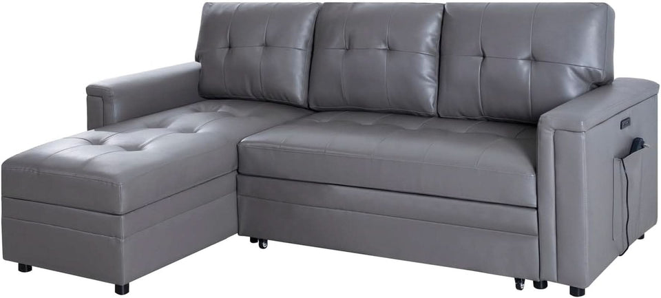 L Shaped Sectional Sleeper Sofa With USB Ports Gray Leather