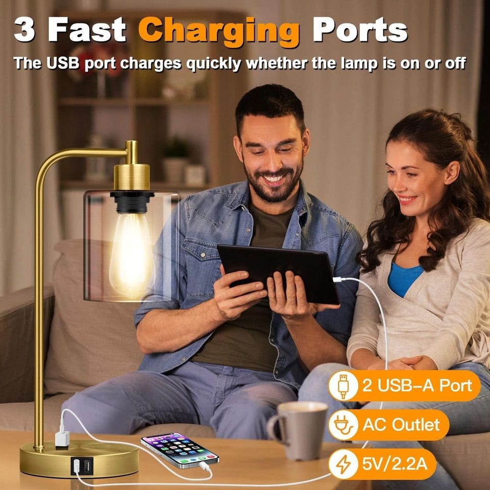 Industrial Touch Table Lamps Set Of 2 With USB Ports And AC Outlet Brass