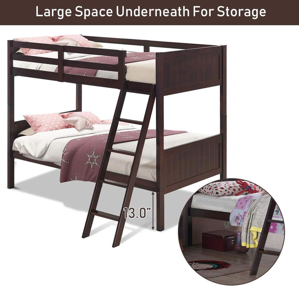 Twin Over Twin Bunk Bed Espresso With Safety Rails
