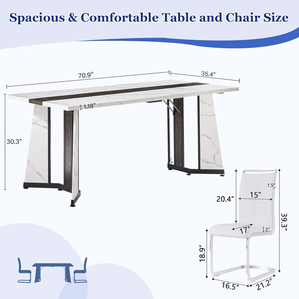 Dining Table Set For Six Seventy One Inch White Marble Top Leather Chairs