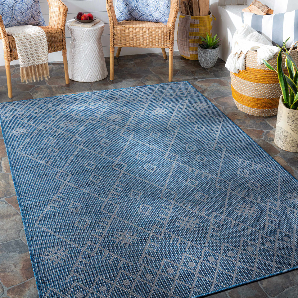 Lorena Blue Flatweave Trellis Outdoor Area Carpet - Clearance