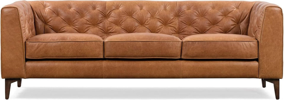 Cognac Tan Leather Sofa with Tufted Back Design