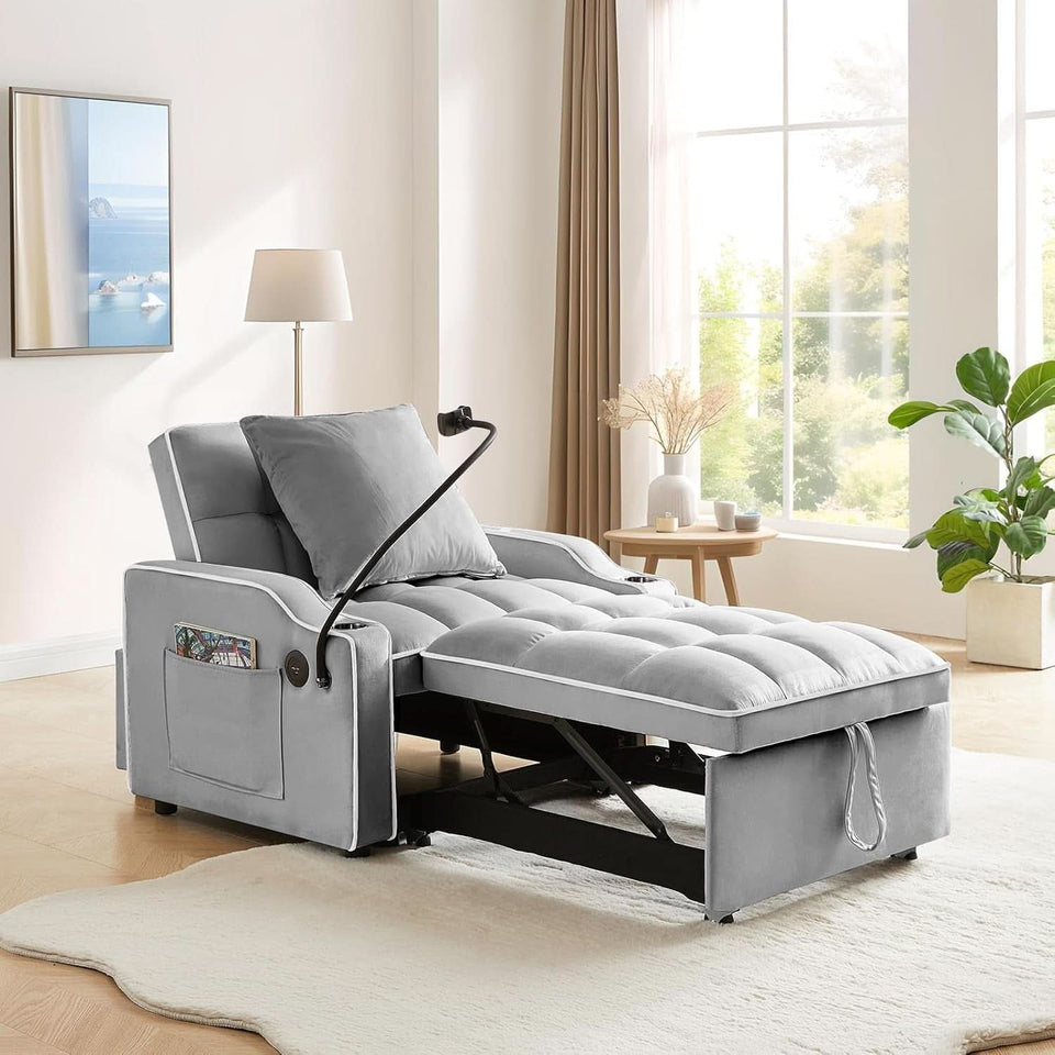 Convertible Sleeper Chair Bed with USB Ports and Holder