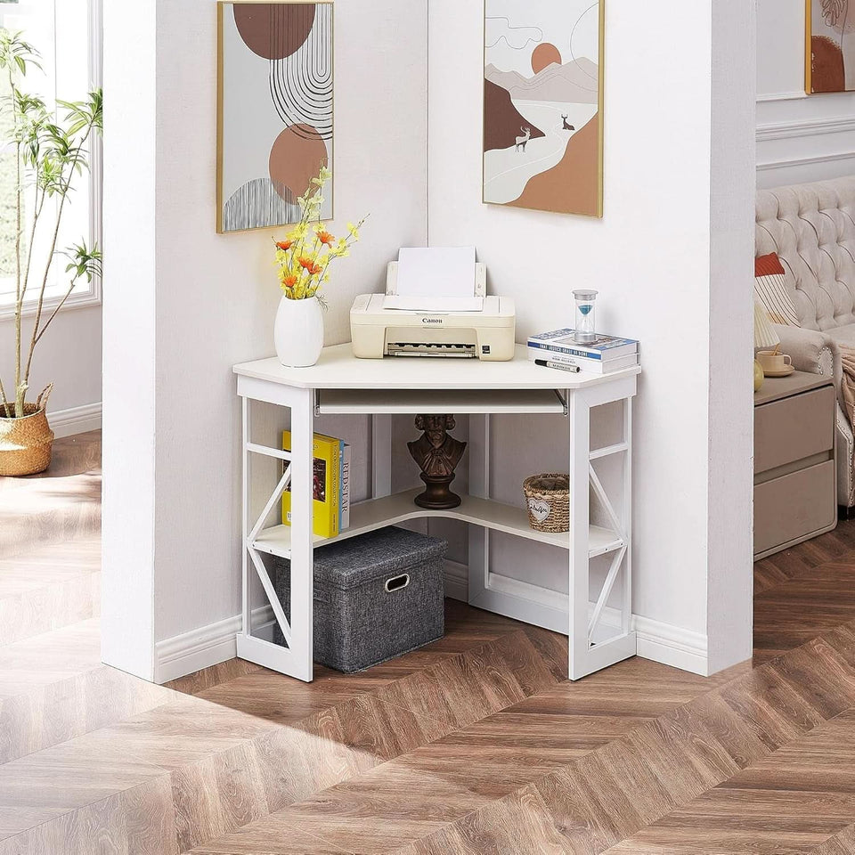 Corner Computer Desk with Keyboard Tray and Storage Shelves