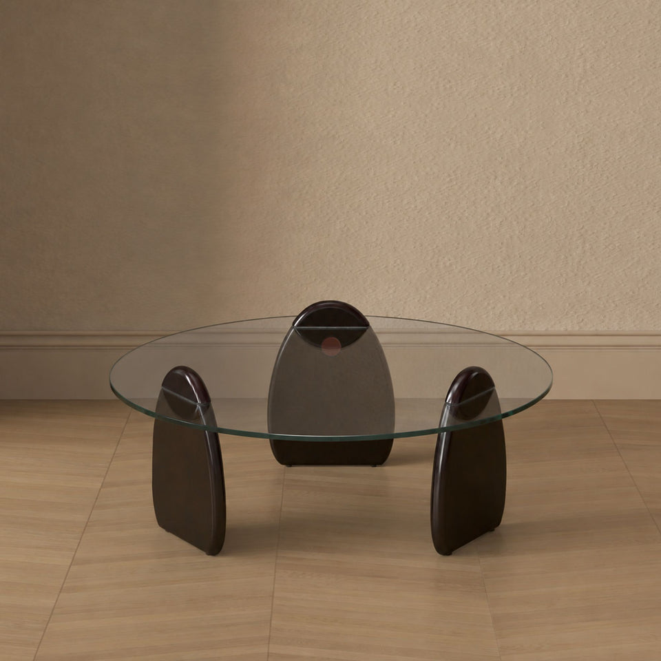 Artesia Glass Top Wood Coffee Table in Walnut