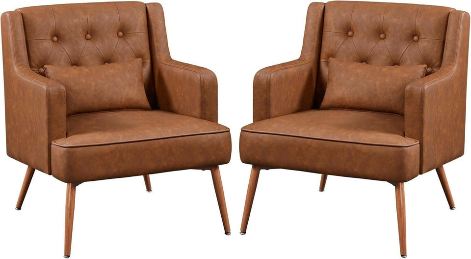 Two Brown Leatherette Mid Century Accent Chairs Set
