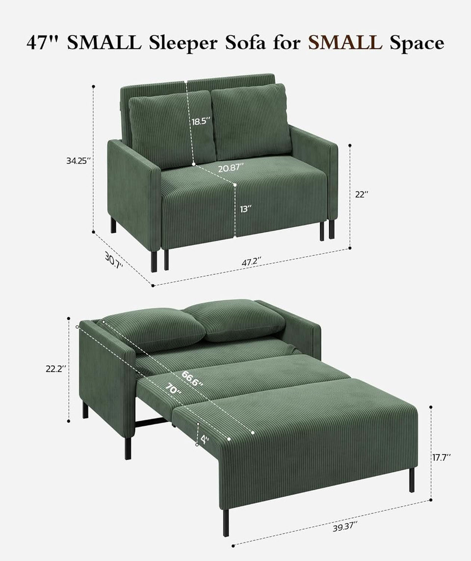 Forest Green Corduroy Convertible Sofa 47Inch Sleeper