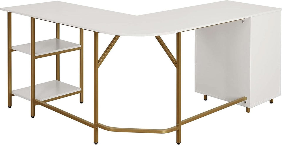 L Shaped Corner Desk Two Tone With Drawers And Shelves For Home Office