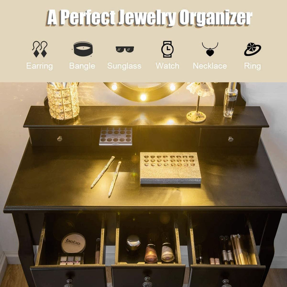 Black Vanity Dressing Table Set With Rotating LED Mirror