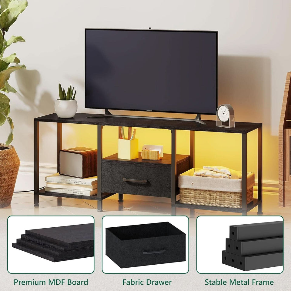 LED TV Stand For 55 Inch TVs With Open Shelves Black