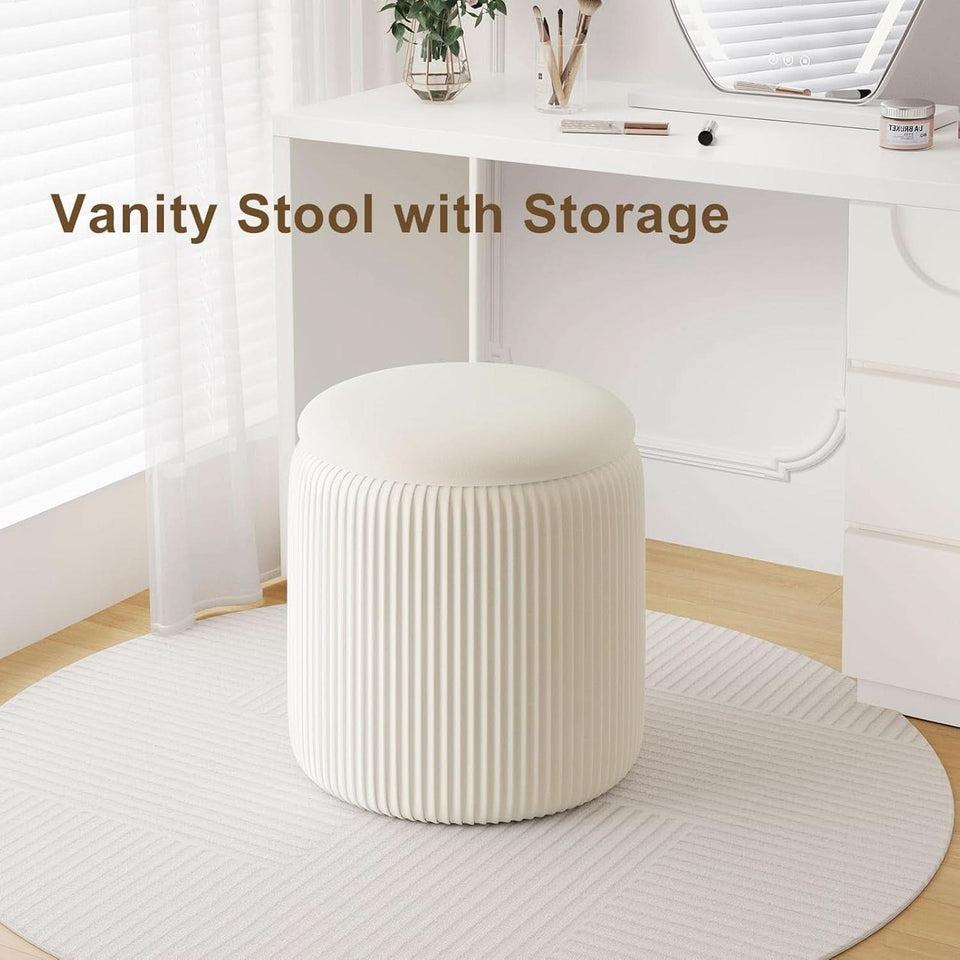 White Velvet Upholstered Storage Ottoman Vanity Set
