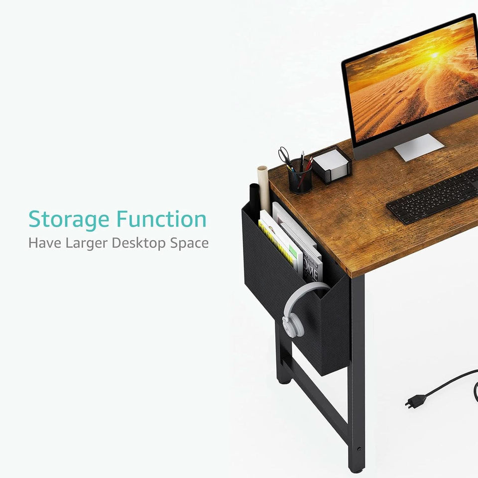 40 Inch L Shaped Desk With Power Outlet And Shelves Rustic Brown