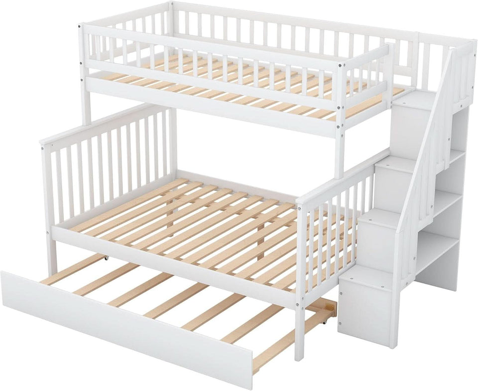 Twin Over Full Bunk Bed With Stairs And Trundle White Wood