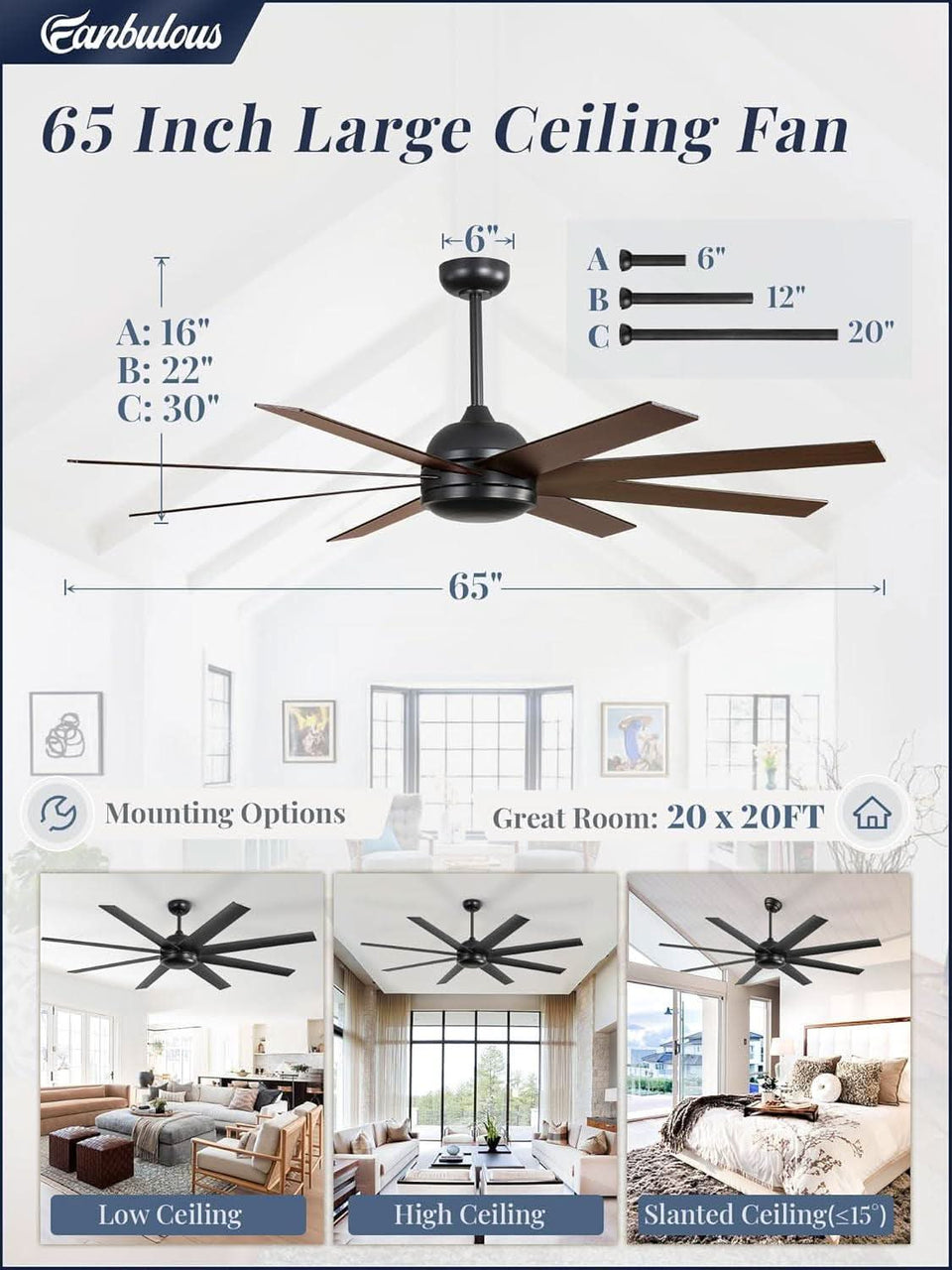 65 Inch Ceiling Fan With Remote Control No Light Indoor Outdoor