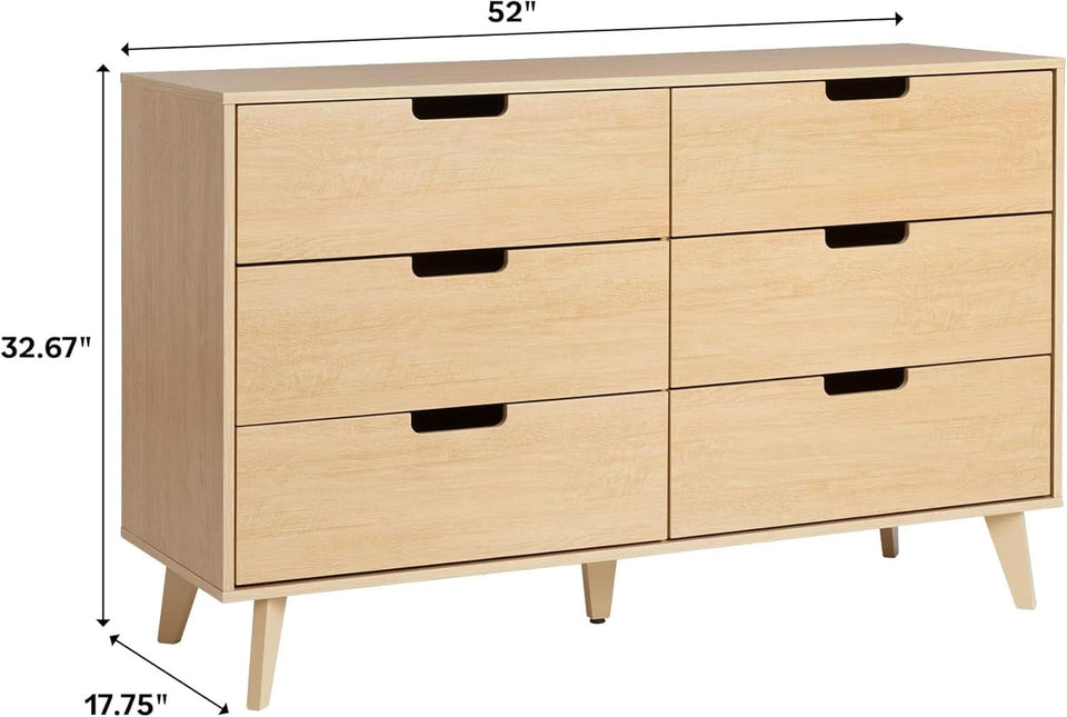Mid-Century Modern 6-Drawer Dresser, 52 Inch Width