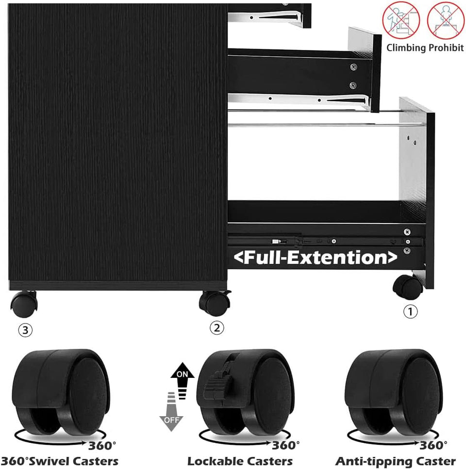 3 Drawer Wood Mobile File Cabinet With Wheels Black Under Desk Office Storage For Home Office Use