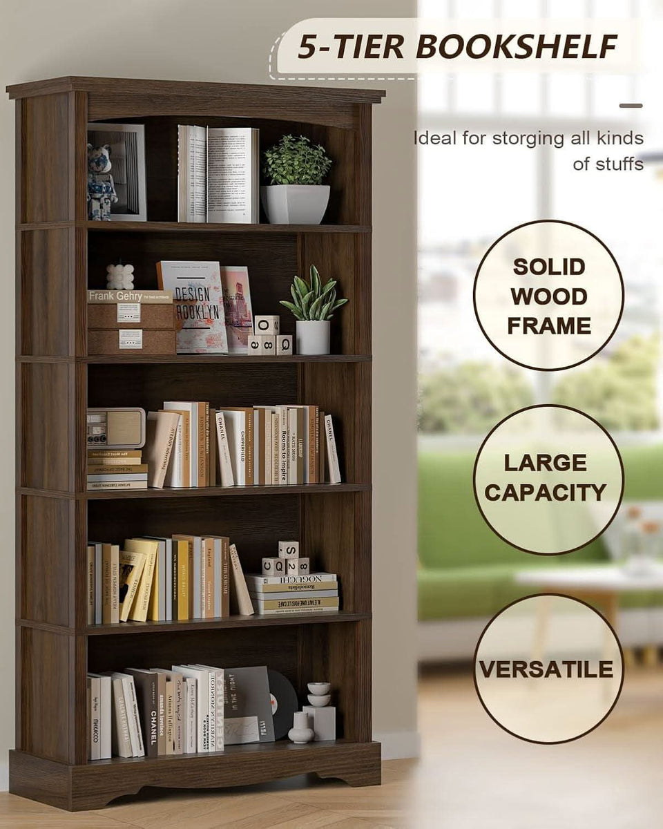 65-Inch Tall Brown Wooden Bookshelf With Five Tiers