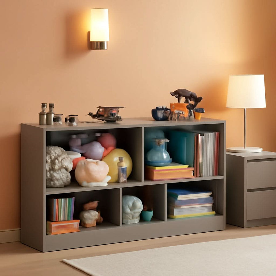 Grey 5 Section Toy Organizer And Bookshelf For Kids Storage
