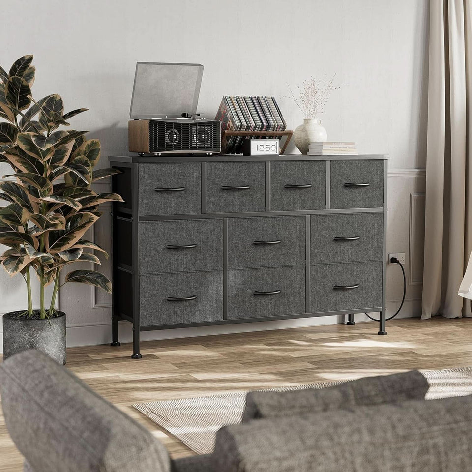 Grey 10 Drawer Dresser TV Stand With Power Outlets