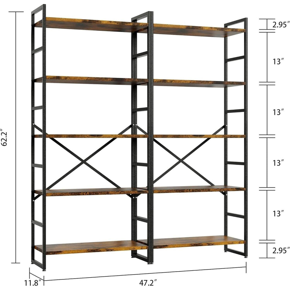 Pair Of 5 Shelf Bookcases Rustic Brown Industrial Tall