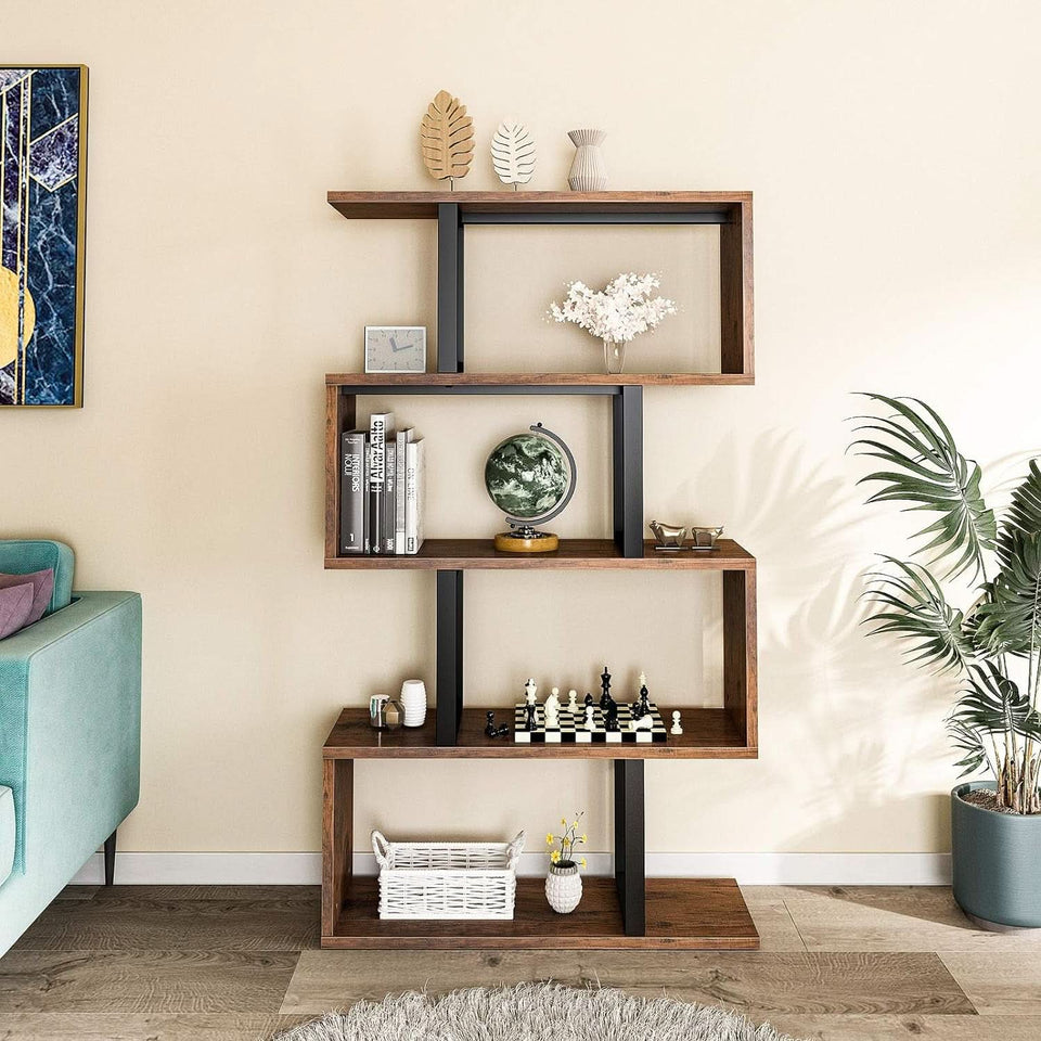 S Shaped 5 Tier Bookshelf Bookcase In Retro Brown Finish