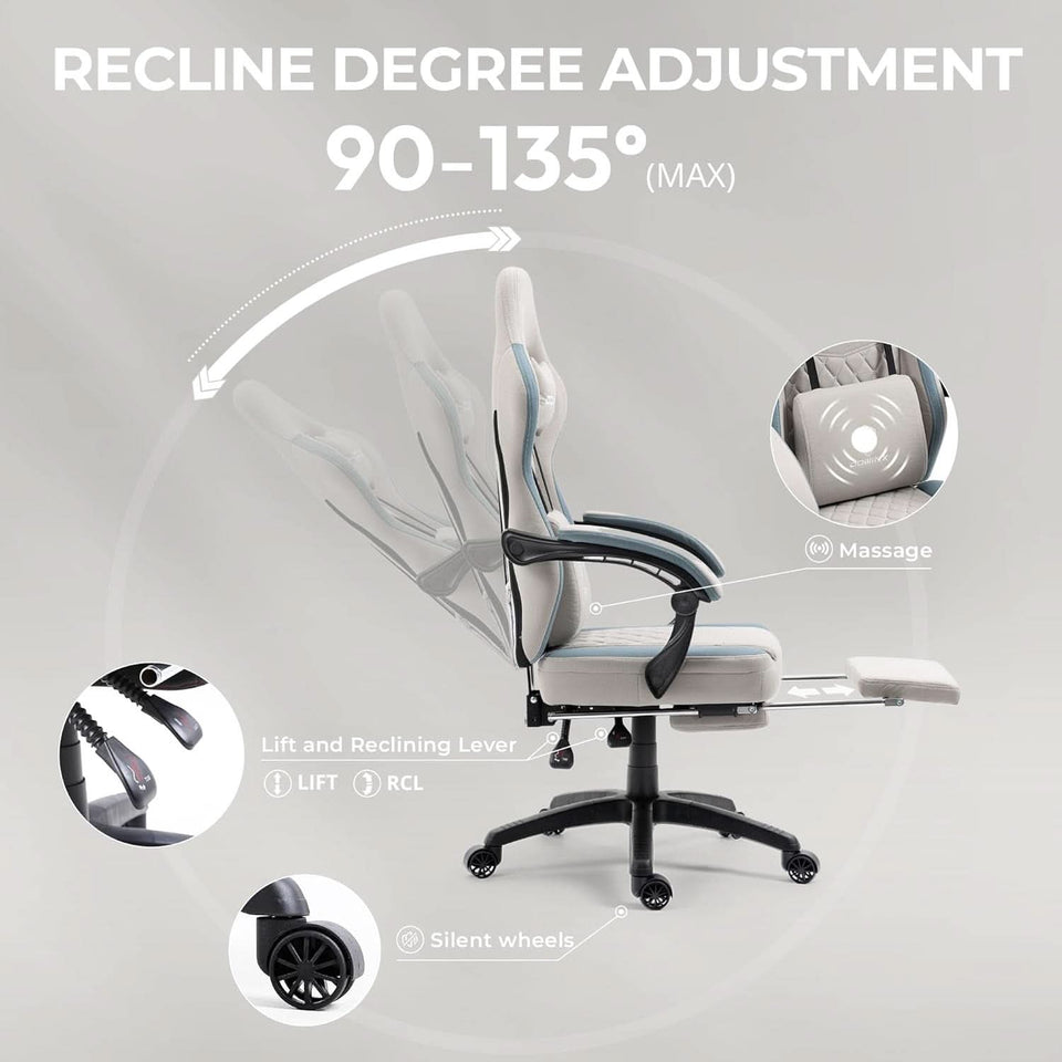 Grey Gaming Chair With Pocket Spring Cushion And Gel Pad