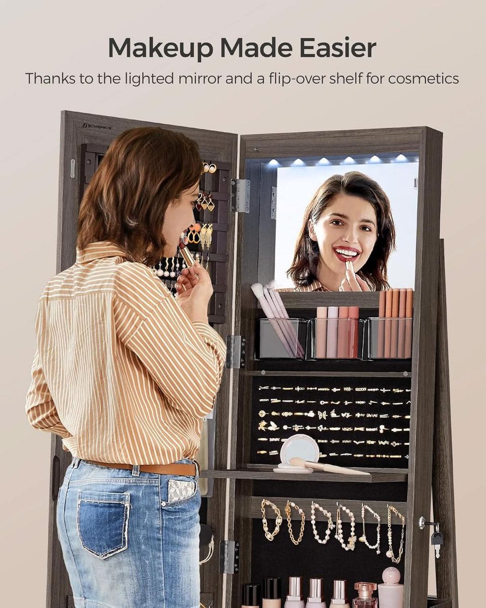 Ash Brown Lockable LED Full Length Mirror Jewelry Cabinet