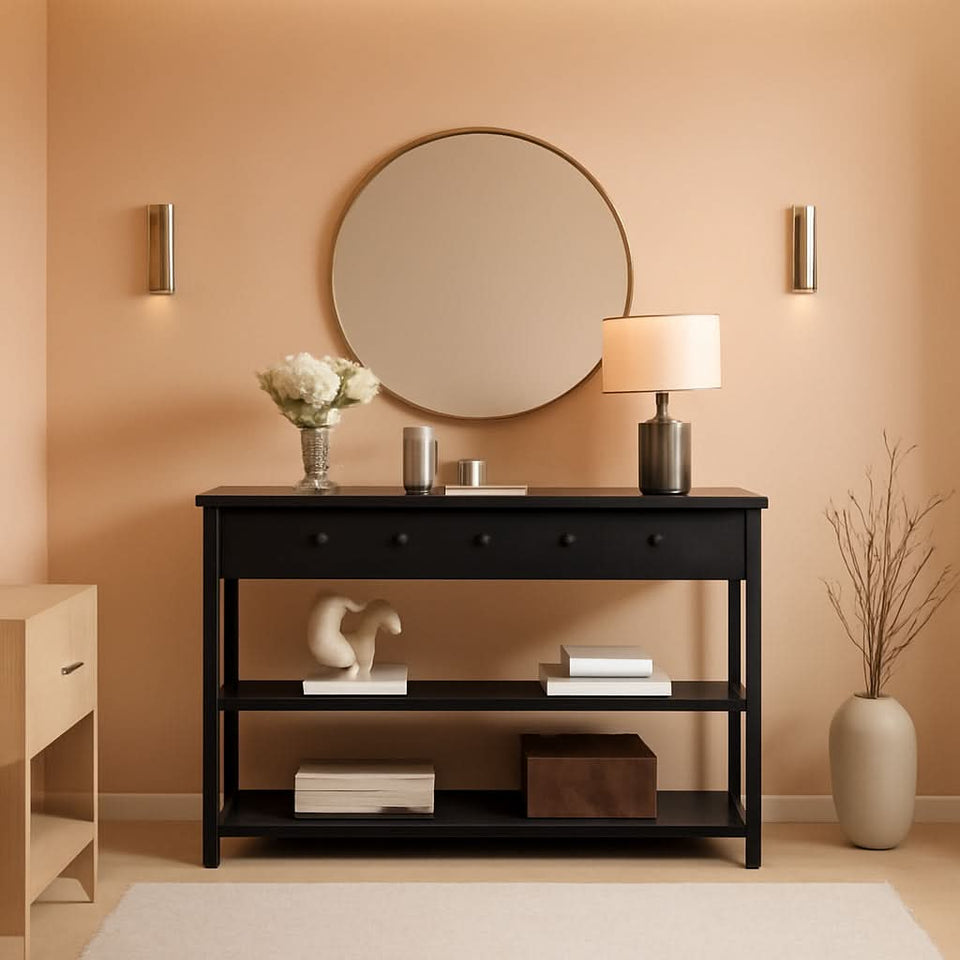 Black Console Table With USB Ports And Outlets For Living Room