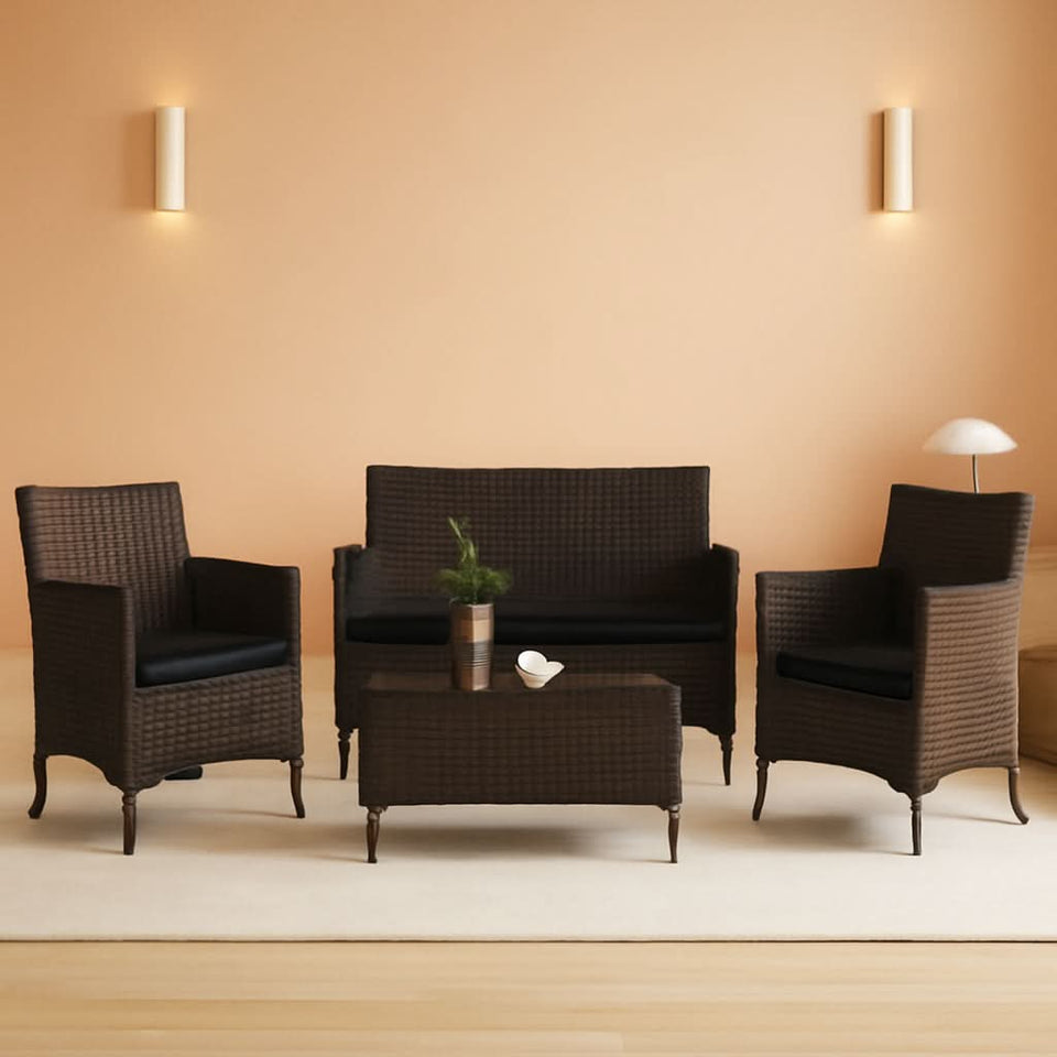 4 Piece Rattan Patio Set With Tempered Glass Table