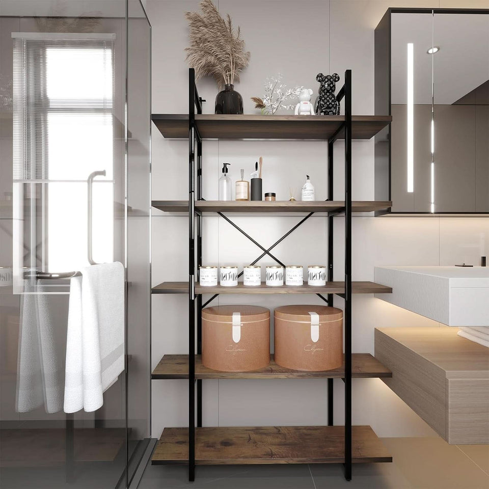 Five Tier Bookshelf Organizer Rustic Brown Metal Shelving