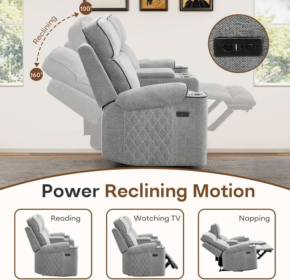 Electric Recliner Sofa USB Type C Ports Light Grey