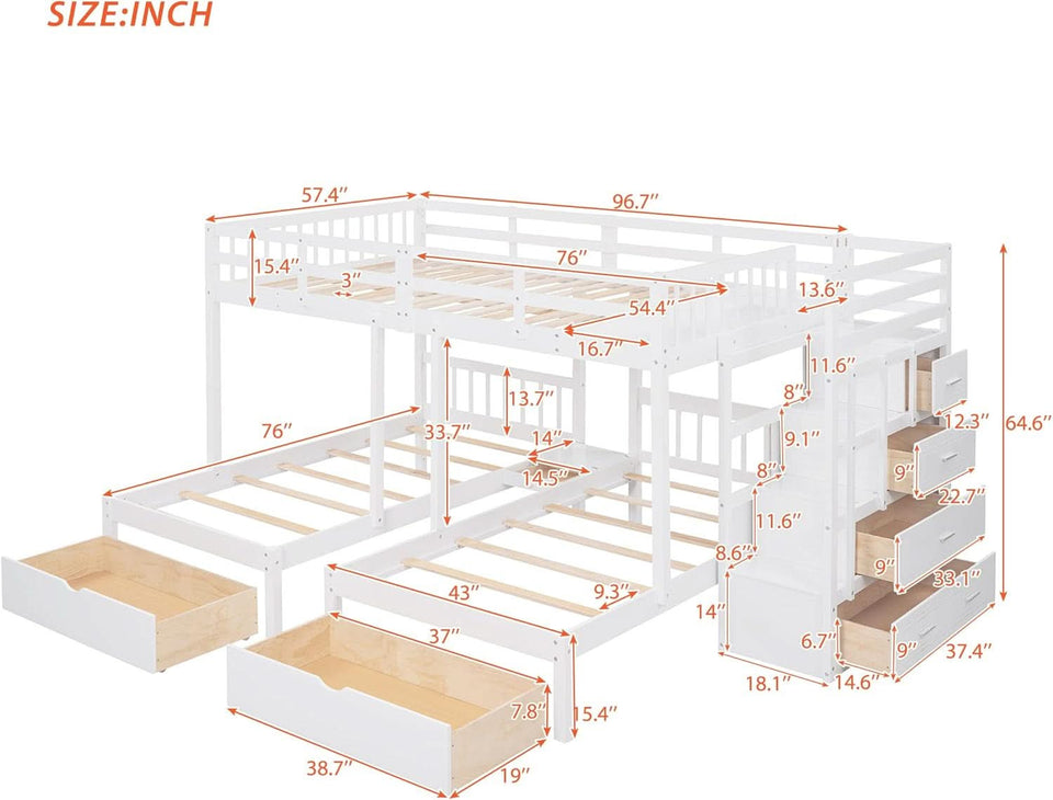 White Triple Bunk Bed With Storage Staircase Full Over Twin And Twin Bunk Bed