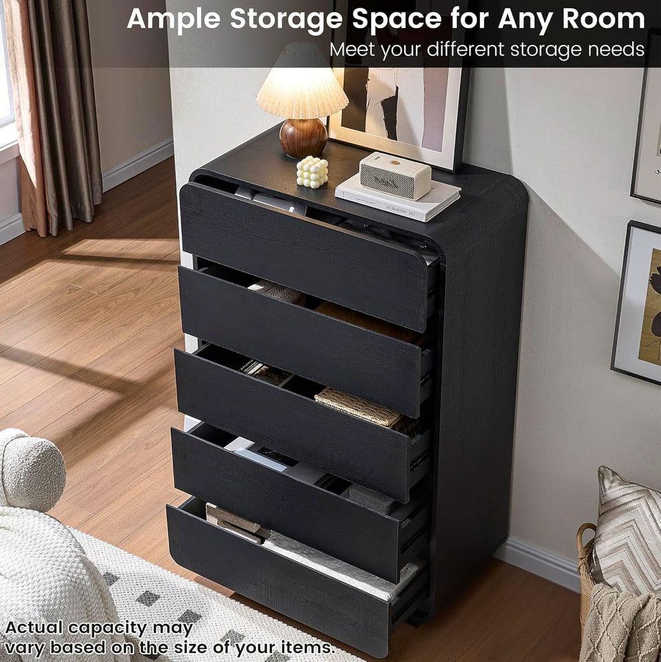 black curved dresser Laintene Nightstand for Bedroom, 23.6" Wide Large Bedside Table with 2 Drawers & Charging Station, Curved Wooden End Table for Bedroom Living Room,