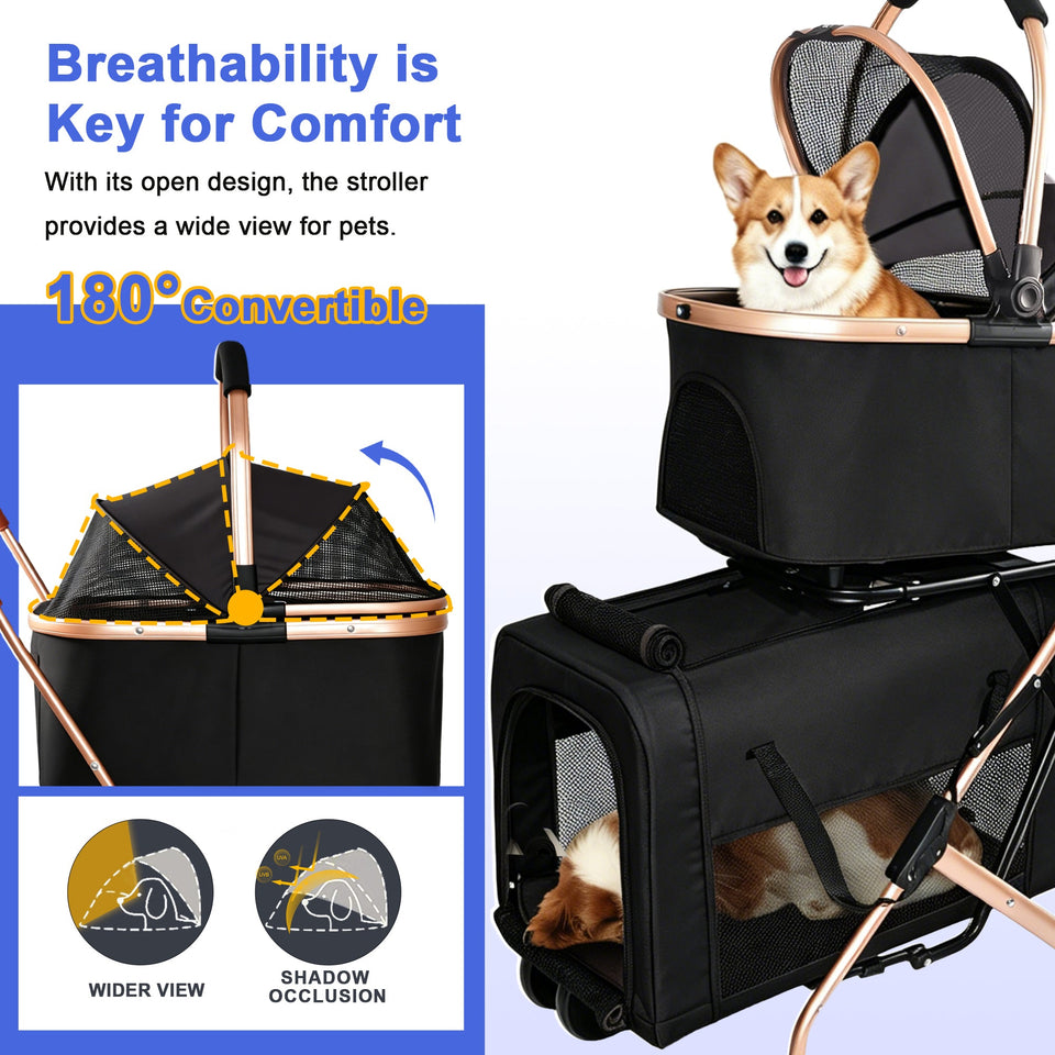 Double Pet Stroller for Small and Medium Dogs and Cats with Foldable Frame - Carbon-Steel