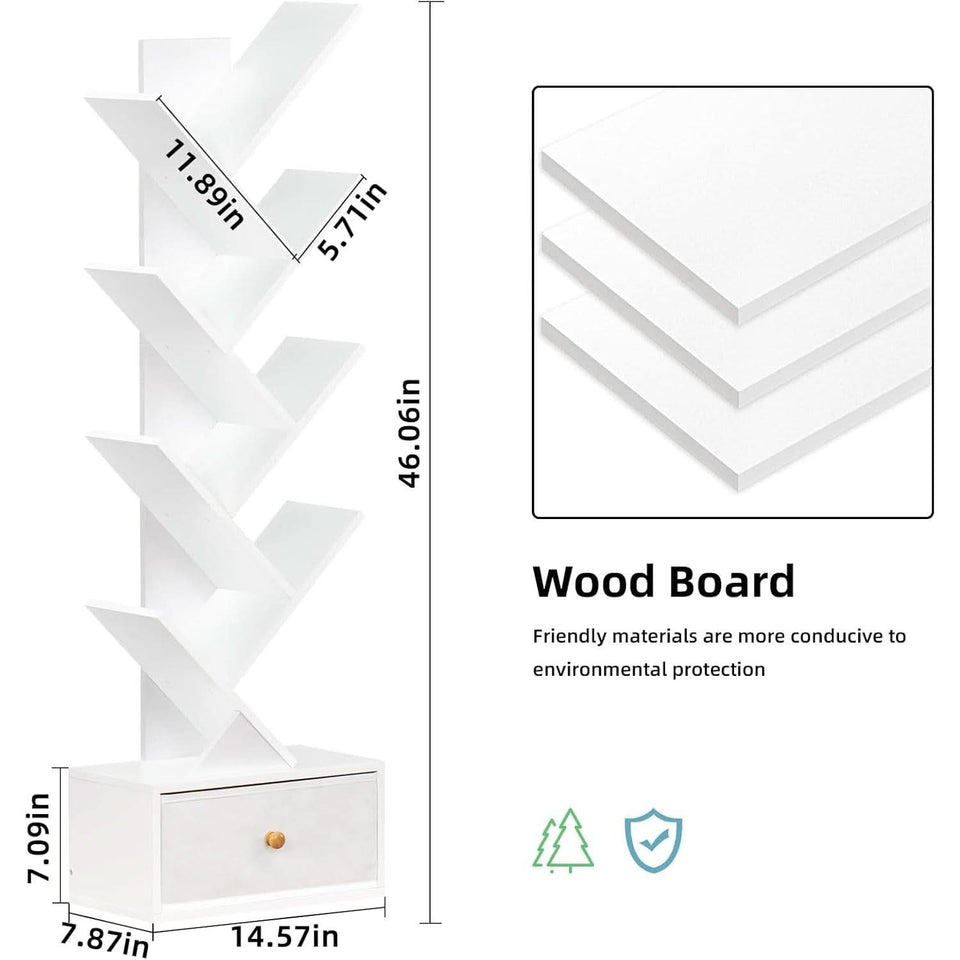 8 Tier Tree Bookshelf With Drawer White Wood Space Saving