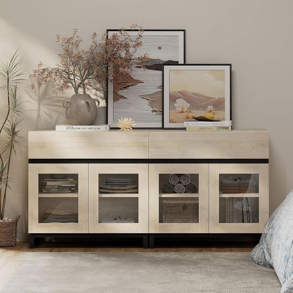 Oak Sideboard Buffet With Glass Doors Light Finish