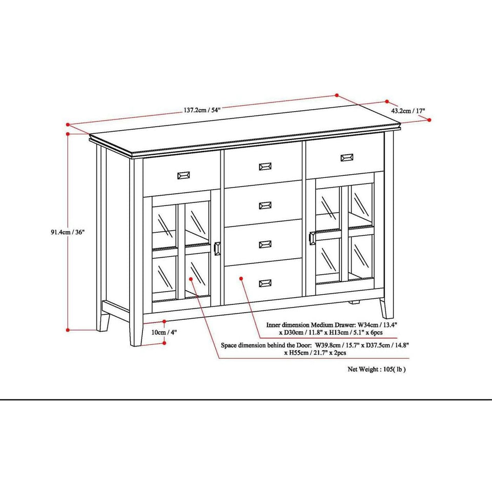 Pine Wood Sideboard Buffet Russet Brown Adjustable Shelves