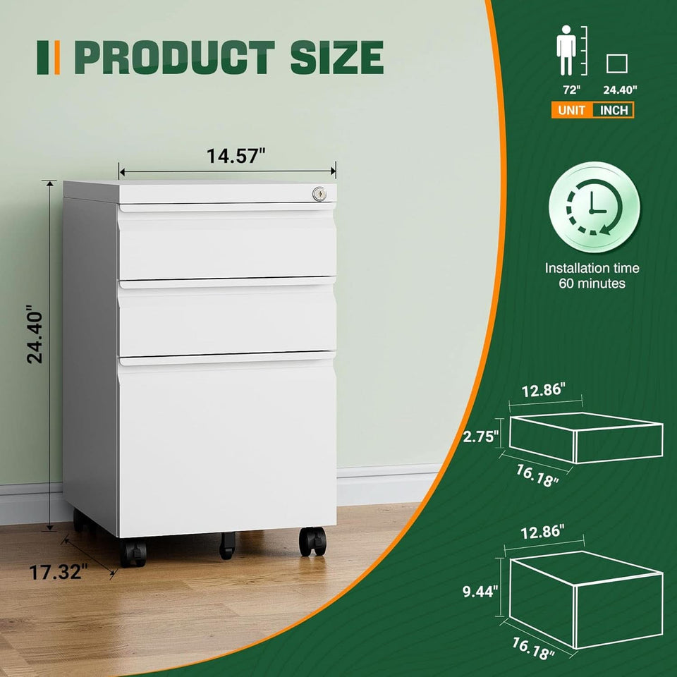 3 Drawer Mobile File Cabinet With Lock Under Desk Filing Cabinet For Home Office