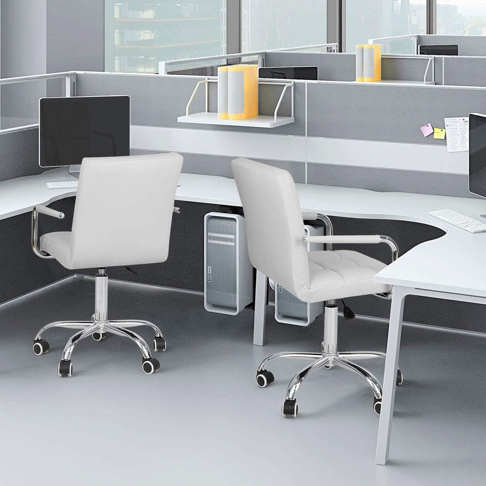 White PU Leather Desk Chair With Wheels Mid Back Office Chair