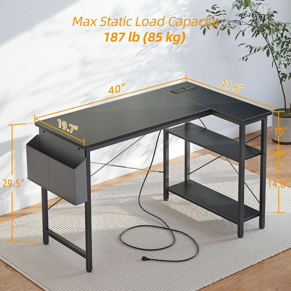 40 Inch L Shaped Computer Desk With Power Outlets Black