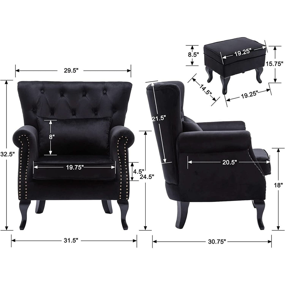 Elegant Black Velvet Wingback Chair With Ottoman Set