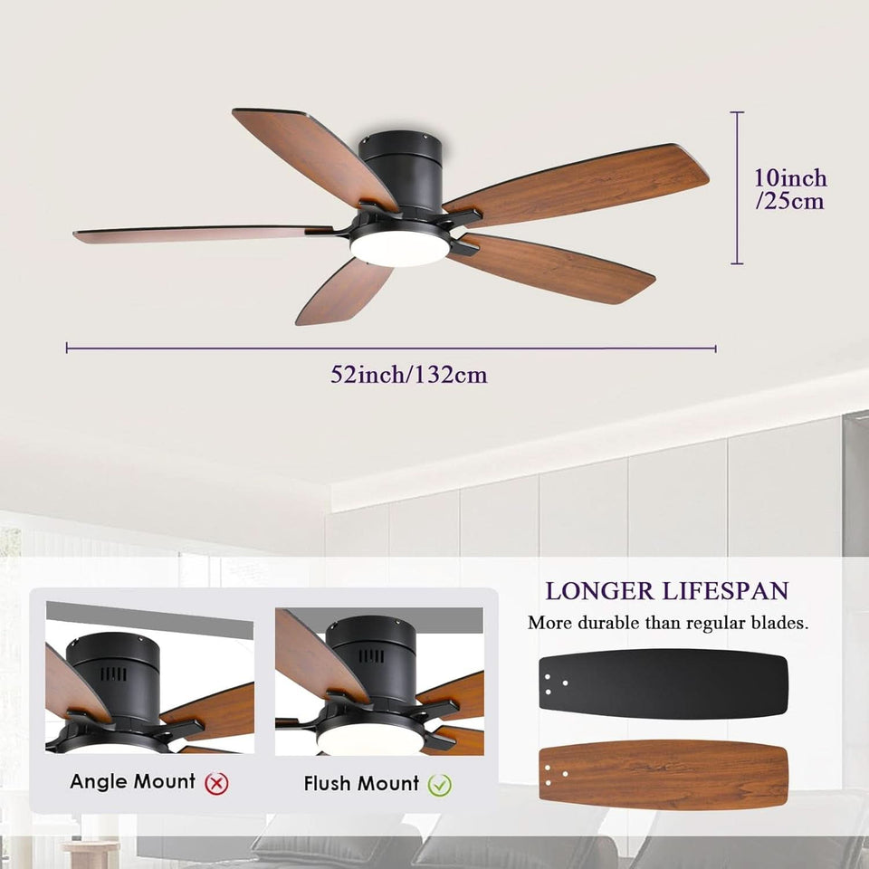 52 Inch Dimmable LED Ceiling Fan Flush Mount Efficient