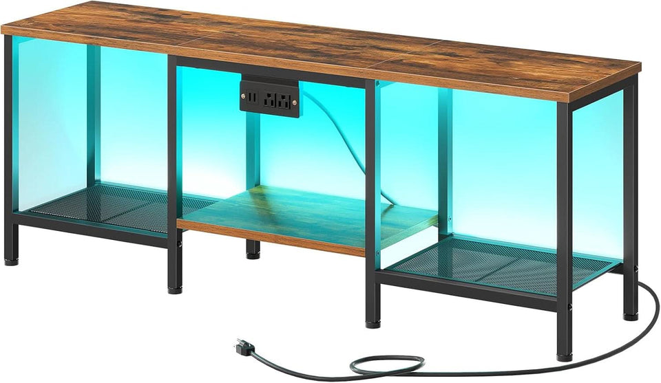 Rustic Brown And Black LED TV Stand With Charging Station Up To 55 Inches