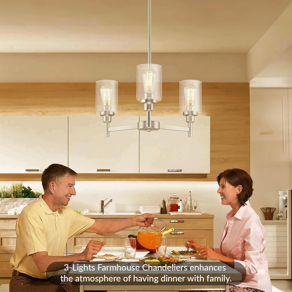 3 Light Brushed Nickel Chandelier With Clear Glass Shades For Dining Room And Entryway