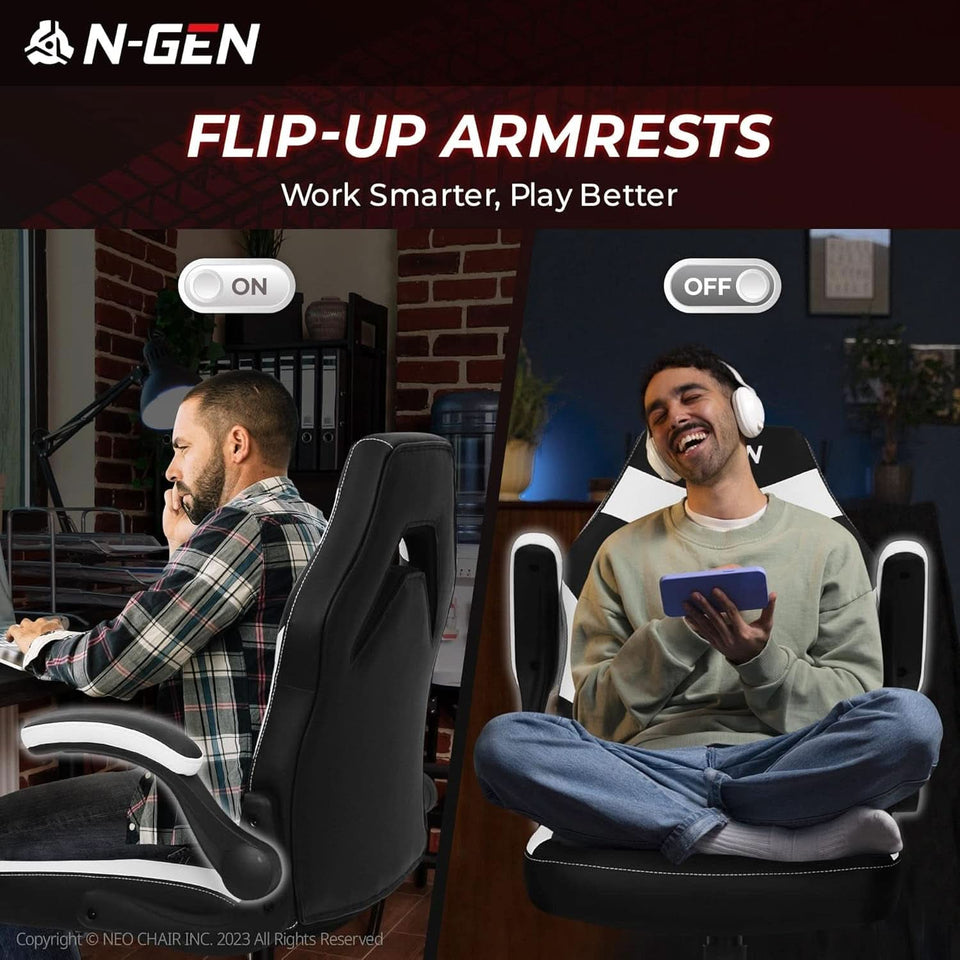 White Gaming Chair With Lumbar Support And Flip Up Arms